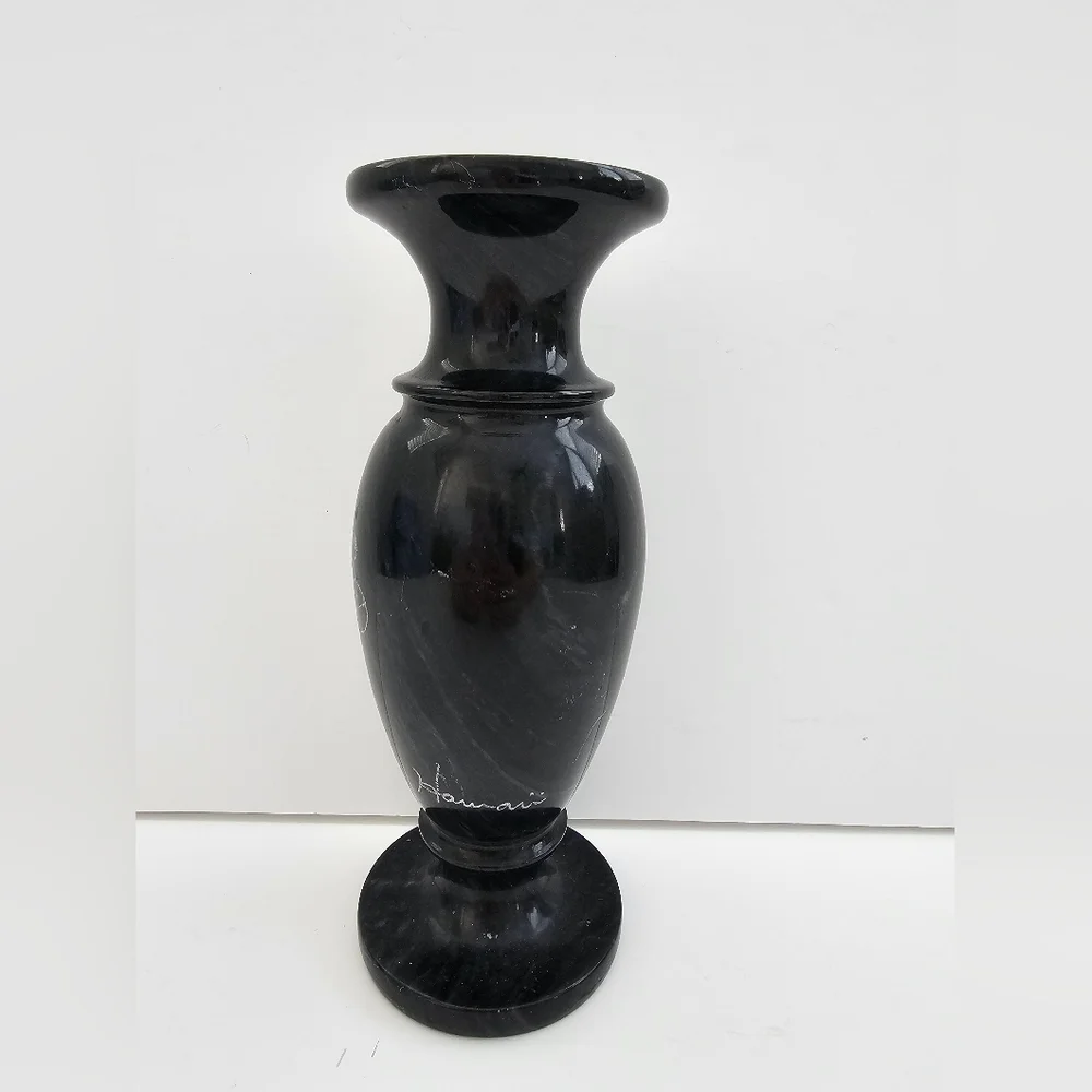 Vintage Mid-Century Black Marble Souvenir Bud Vase – Hand-Etched Floral Motif